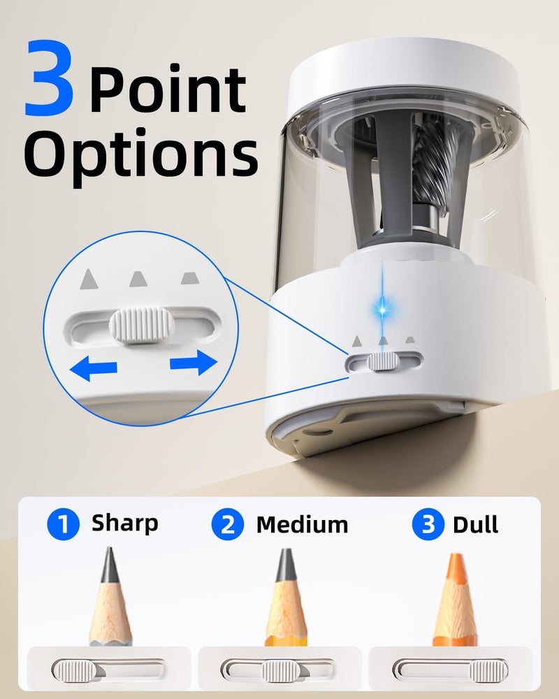 Zmol Electric Rechargeable Pencil Sharpener, Automatic Pencil Sharpeners Kids, Battery Powered Pencil Sharpeners for Colored Pencils, Auto Stop, Suitable for No.2(6-8mm), Classroom/Home White - Image 3